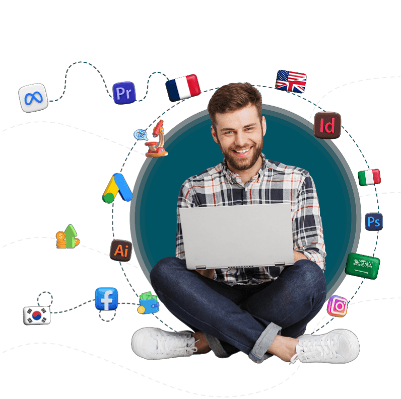 Student with laptop and learning icons