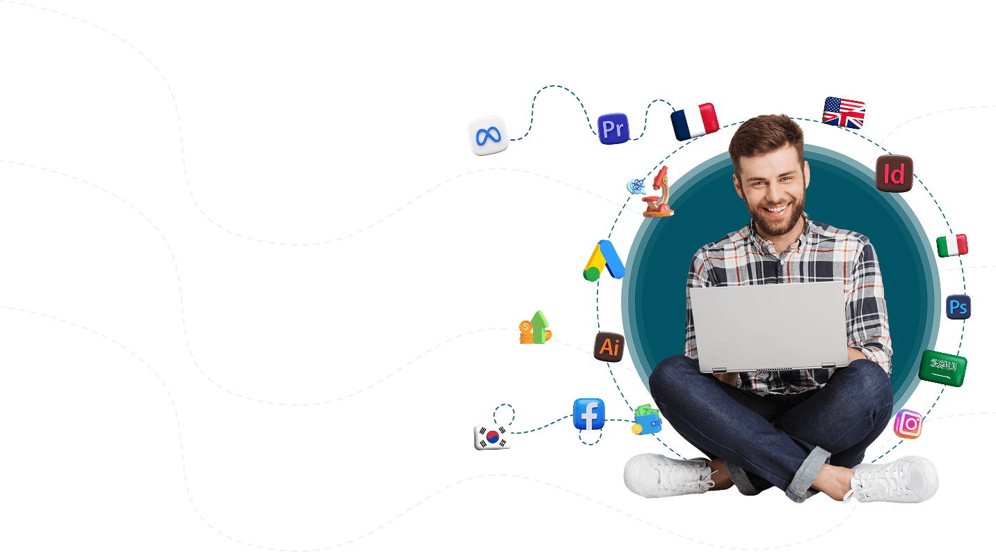 Student with laptop and learning icons